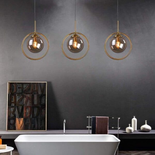 Suspension circulaire nordique en métal doré et verre fumé