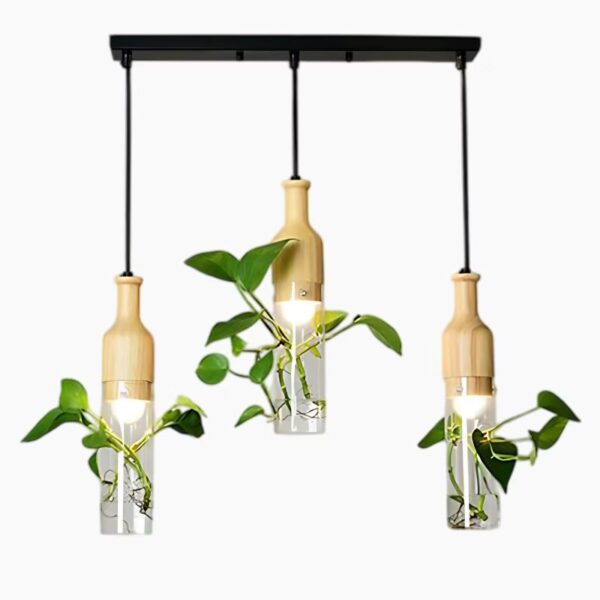 Suspension design triple avec bouteilles de verre illuminées
