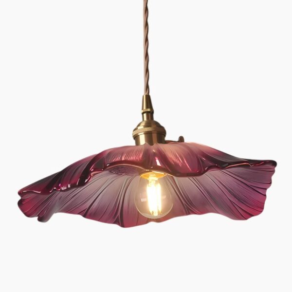 Blumige Hängeleuchte aus violettem Glas und vergoldetem Kupfer